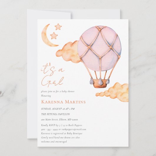 Roze Hete Luchtballon Wit Het is een Meisje Baby s Kaart (Voorkant)