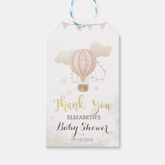 Roze Hete Luchtballon Wolken Baby shower Cadeaulabel (Voorkant)