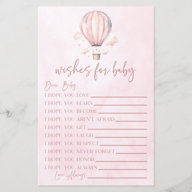 Roze Hete Luchtballonwensen voor Baby shower spel (Voorkant)