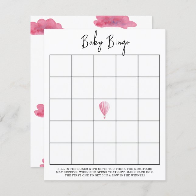Roze heteluchtballon - Baby shower bingogame (Voorkant / Achterkant)