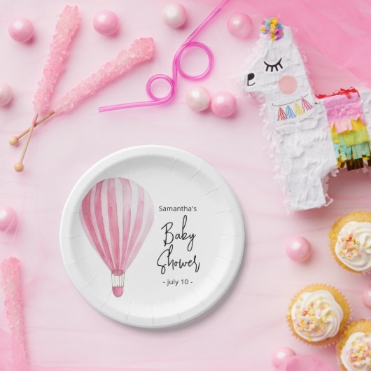 Roze heteluchtballon Baby shower Papieren Bordje (Feest)