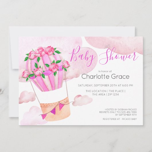 Roze heteluchtballon in het Baby shower wolken Kaart (Voorkant)