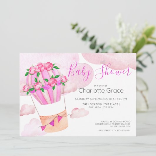 Roze heteluchtballon in het Baby shower wolken Kaart (Staand voorkant)