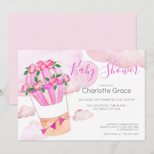 Roze heteluchtballon in het Baby shower wolken Kaart (Voorkant / Achterkant)