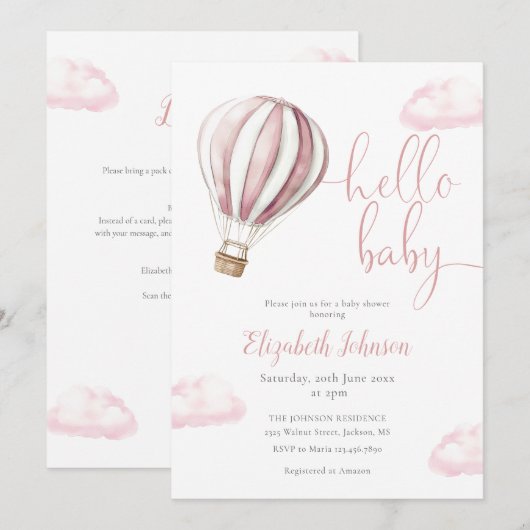 Roze heteluchtballonmeisje alles in één Baby showe Kaart (Voorkant / Achterkant)