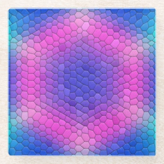 Roze hexagon-mozaïek op blauwe gradiënt glazen onderzetter (Voorkant)
