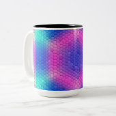 Roze hexagon-mozaïek op blauwe gradiënt tweekleurige koffiemok (Voorkant links)