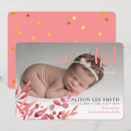 Roze "Hi" met bladeren geboorte Aankondiging Kaart (Voorkant / Achterkant)