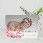 Roze "Hi" met bladeren geboorte Aankondiging Kaart (Staand voorkant)