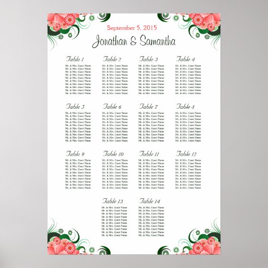 Roze Hibiscus 14 Wedding Tables Seating Charts Poster (Voorkant)