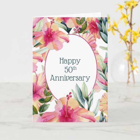 Roze Hibiscus 50th Wedding Jubileum Kaart (Gele Bloem)