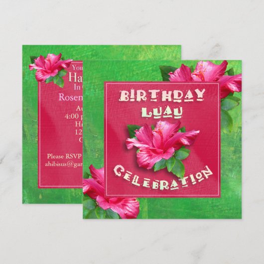 Roze Hibiscus Birthday Luau Party Invitations Kaart (Voorkant / Achterkant)