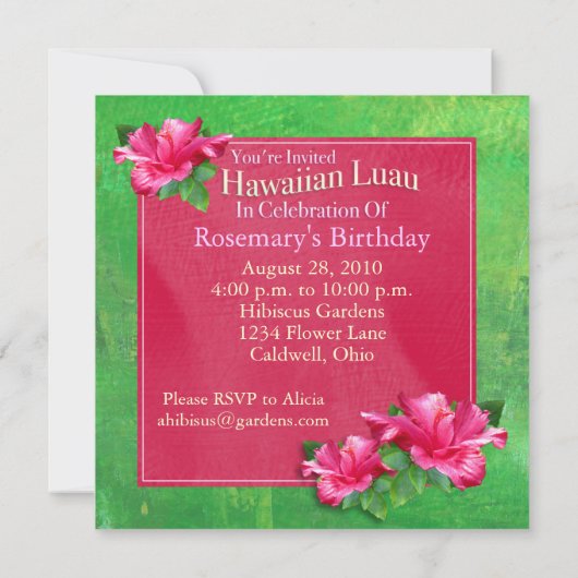 Roze Hibiscus Birthday Luau Party Invitations Kaart (Achterkant)