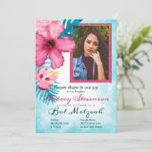 Roze Hibiscus, Blauwgroen Blauwe Bat Mitswa Uitnod Kaart (Staand voorkant)