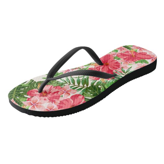 Roze Hibiscus Bloem Bladeren Lichte Achtergrond Fl Teenslippers (Schuin)