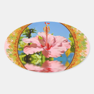 Roze hibiscus bloem boven water in lijst ovale sticker
