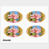 Roze hibiscus bloem boven water in lijst ovale sticker (Vel)
