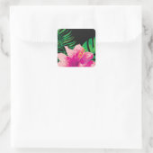 Roze Hibiscus Bloem en tropische bladeren Vierkante Sticker (Tas)