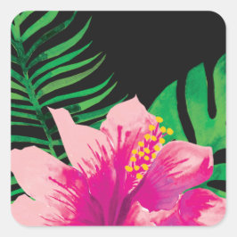 Roze Hibiscus Bloem en Tropische Bladeren Vierkante Sticker