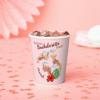 Roze Hibiscus Bloem Palmbladeren Strandfeest Papieren Bekers