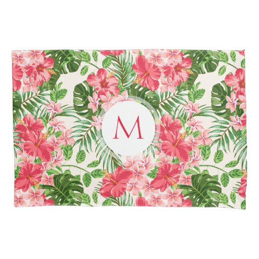 Roze Hibiscus Bloem Tropische Palm Monogram PCase Kussensloop (Voorkant)
