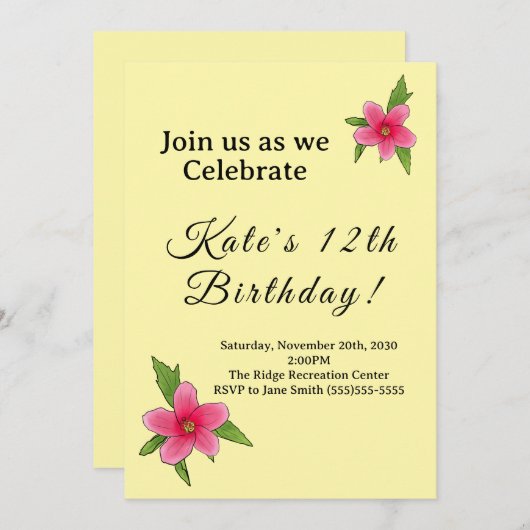 Roze Hibiscus bloem Verjaardag Uitnodiging (Voorkant / Achterkant)