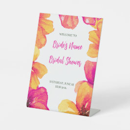 Roze Hibiscus Bloemen Bruids Douche Uitnodiging Reclamebord Met Voetstuk