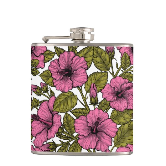 Roze hibiscus bloemen heupfles (Voorkant)