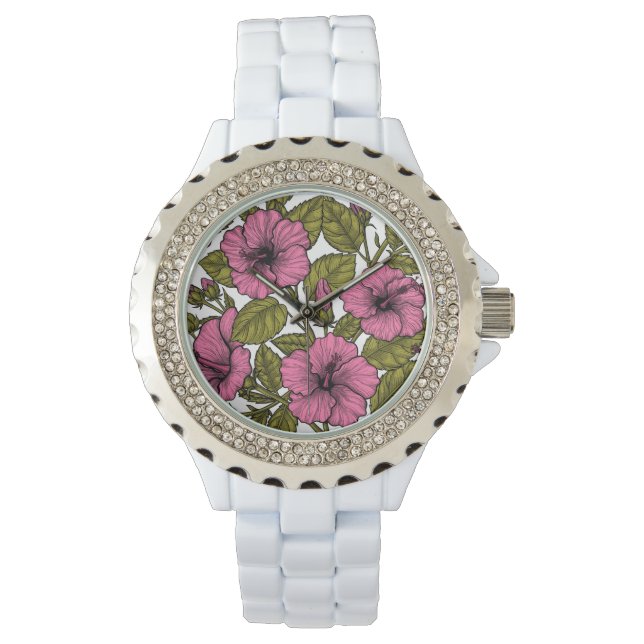 Roze hibiscus bloemen horloge (Voorkant)
