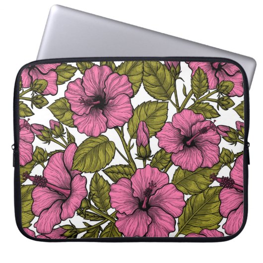 Roze hibiscus bloemen laptop sleeve (Voorkant)
