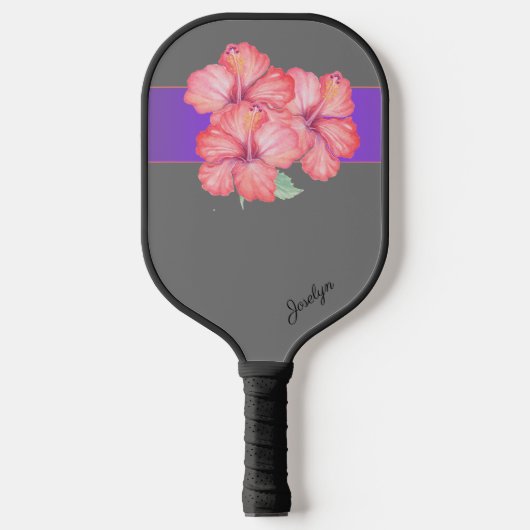 Roze Hibiscus Bloemen op Grijs Gepersonaliseerd Pickleball Paddle (Voorkant)