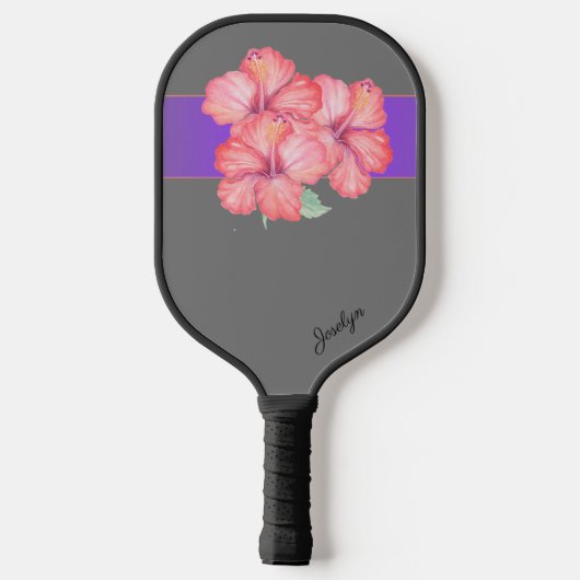 Roze Hibiscus Bloemen op Grijs Gepersonaliseerd Pickleball Paddle (Achterkant)