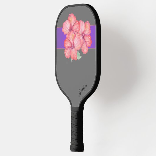Roze Hibiscus Bloemen op Grijs Gepersonaliseerd Pickleball Paddle (Links)