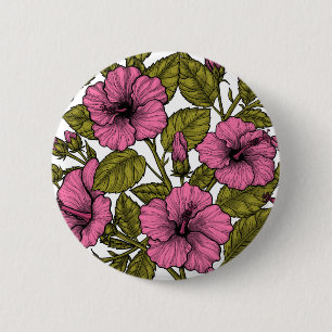 Roze hibiscus bloemen ronde button 5,7 cm