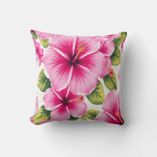 Roze Hibiscus Bloemen – Tropische Elegante Witte Kussen