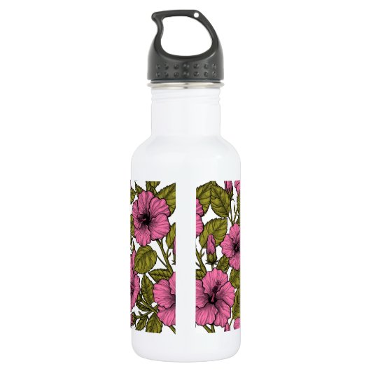 Roze hibiscus bloemen waterfles  (Achterkant)