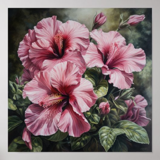 Roze Hibiscus Bloemenkunst Print Poster (Voorkant)