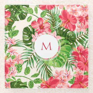 Roze Hibiscus BloemMonogram glas C Glazen Onderzetter