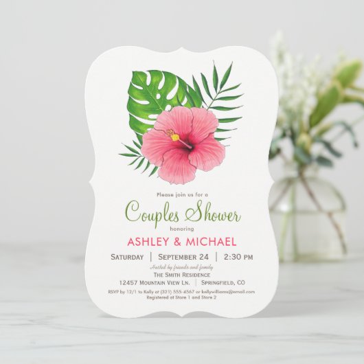 Roze Hibiscus Bloemparen Douche Uitnodiging (Staand voorkant)