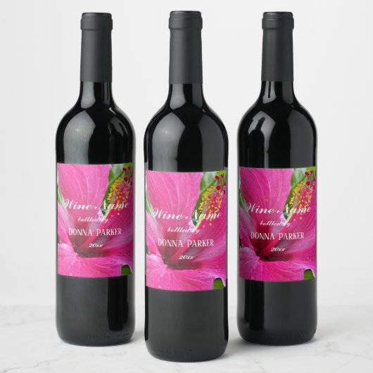 Roze Hibiscus Bloom Gepersonaliseerde Bloemen Wijn Etiket (Flessen)