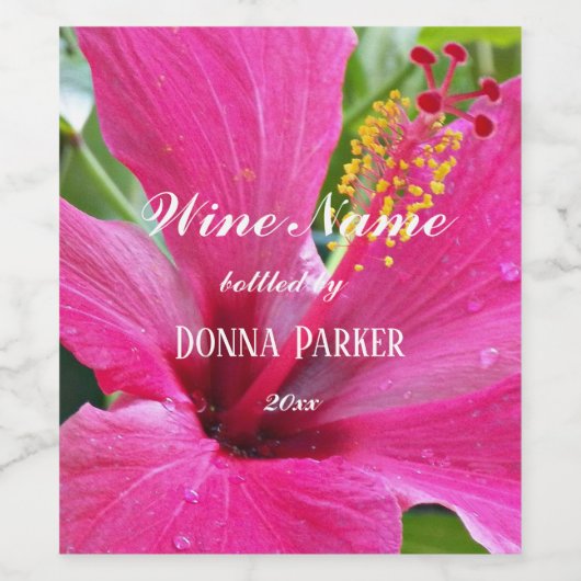 Roze Hibiscus Bloom Gepersonaliseerde Bloemen Wijn Etiket (Enkel label)