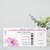 Roze hibiscus boarding pass Save the Date Cards (Staand voorkant)