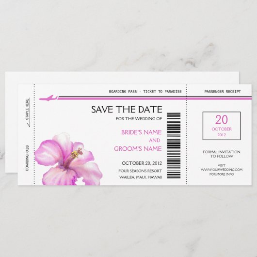 Roze hibiscus boarding pass Save the Date Cards (Voorkant / Achterkant)