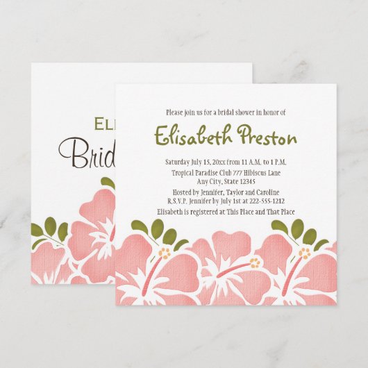 Roze Hibiscus Bridal Shower Invitations Kaart (Voorkant / Achterkant)