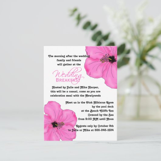 Roze Hibiscus bruiloft ontbijt uitnodiging (Staand voorkant)