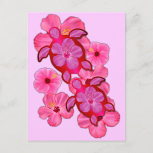 Roze hibiscus en Honu Turtles Briefkaart
