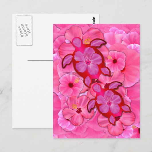 Roze hibiscus en Honu Turtles Briefkaart (Voorkant / Achterkant)