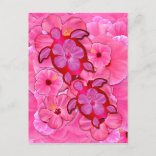 Roze hibiscus en Honu Turtles Briefkaart