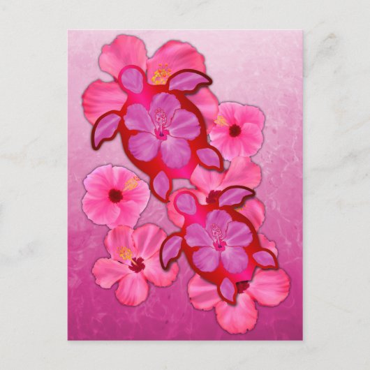 Roze Hibiscus en Schildpadden Honu Briefkaart (Voorkant)