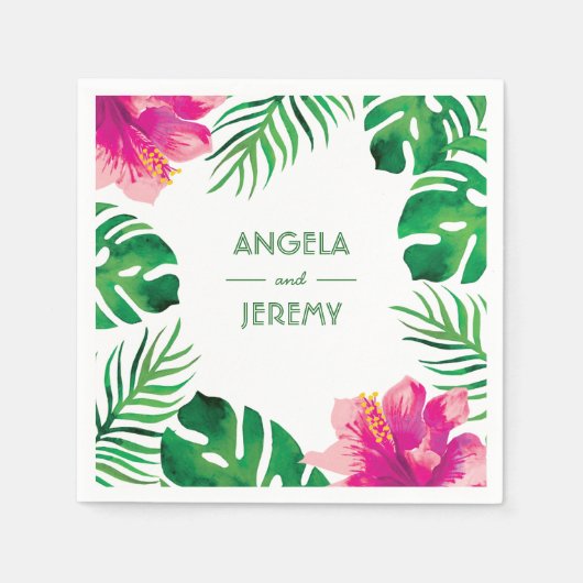Roze Hibiscus en Tropische bladeren Bruiloft 2 Servet (Voorkant)
